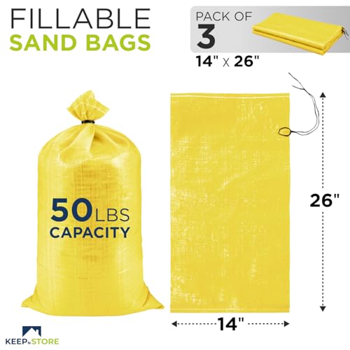 Heavy Duty Sand Bags Pack of 3, Bright Yellow Empty Sandbags with Built-In Ties, Woven Polypropylene UV Protection 1600 Hours, Fillable Bags for Flood Control, Weight, 14x26 inches, 50 Pounds Volume - size: 14"W x 26"L, style: Pack of 3