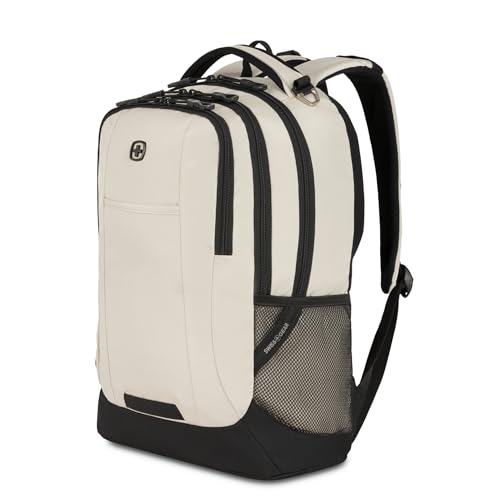 SWISSGEAR Cecil 18-Inch Laptop Backpack Fits 16-Inch Laptop, Travel Daypack with Organizer Pockets, Water Bottle Holders & Padded Straps – Cream/Black - color: Cream/Black