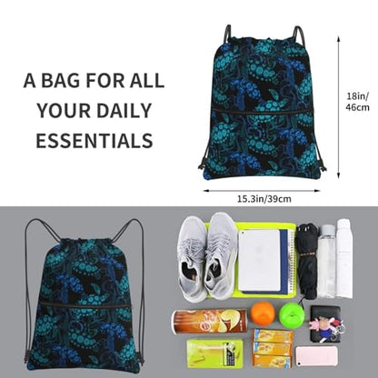 JOOCAR Sea Turtle Drawstring Bag Blue Backpack Draw String Bags Waterproof Lightweight Sports Gym Beach Sackpack Zipper Pocket for Men Women - color: B6