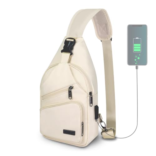 AMJ Crossbody Sling Bag Men Women, Casual Shoulder Backpack, Chest Daypack Satchel for Hiking Travel - color: Leather Beige, size: Small
