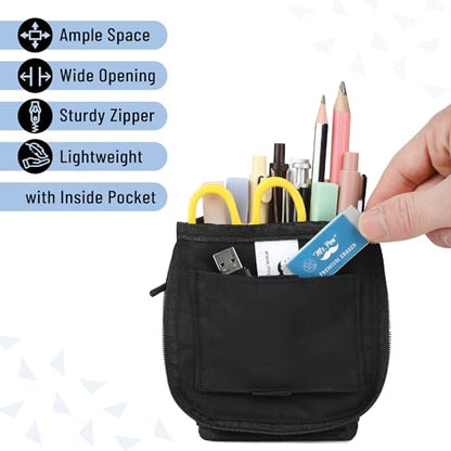 Mr. Pen- Standing Pencil Case Pouch, Sit & Lay Mesh-View Design, Black & Blue, Interior Pocket & 2 Elastic Binder Loops, Cute Pencil Case for Girls and Boys - color: Black & Blue