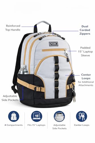 FUEL Hiking Laptop Backpack, College Bookbag, Travel Daypack with 5 Compartments, Dynamo Tech Pocket, 18.5 Inches - color: Light Khaki