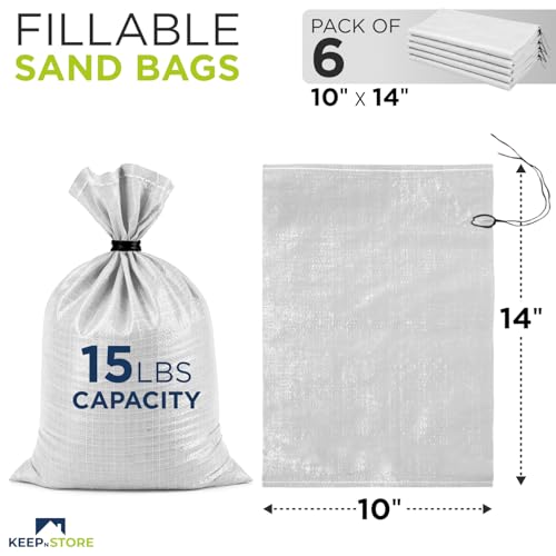 Heavy Duty Sand Bags Pack of 6, White Empty Sandbags with Built-In Ties, Woven Polypropylene UV Protection 1600 Hours, Fillable Bags for Flood Control, Weight, 10x14 inches, 15 Pounds Volume - size: 10"W x 14"L, style: Pack of 6