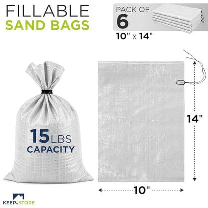 Heavy Duty Sand Bags Pack of 6, White Empty Sandbags with Built-In Ties, Woven Polypropylene UV Protection 1600 Hours, Fillable Bags for Flood Control, Weight, 10x14 inches, 15 Pounds Volume - size: 10"W x 14"L, style: Pack of 6