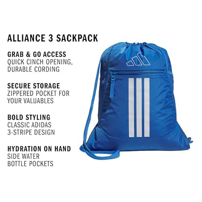 adidas Alliance Sackpack – Drawstring Backpack for Sports, Small Gym Bag, Ray Blue/White/3, OSFA - color: Ray Blue/White/3
