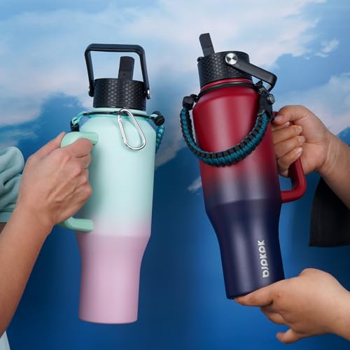 BJPKPK Insulated Water Bottles with Straw Lid, 40oz Metal Water Bottle with 2 lids & Paracord Strap, Double Wall Stainless Steel Tumbler with Handle, Reusable Cups, Mugs, Thermo, Marshmallow - color: Marshmallow, style: 40oz-Side Handle