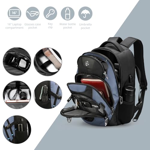 Swissdigital Design Laptop Backpack, Travel Backpack with USB Charging Port Fits 15.6 inches Computer, 31L College School Bookbag for Men,Haze Blue/Black | SD803-16 - color: Haze Blue/Black