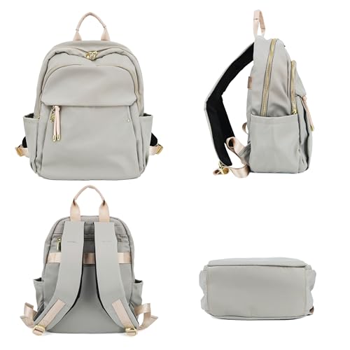M-ioi-M Medium Backpack Purse for Women, Fashion Nylon Daypack with Gold Hardware, Lightweight Water-Resistant Rucksack for College, Work, Travel, Everyday Use, Fits 13–14" Laptop (Gray Beige, Medium) - color: Gray Beige,medium