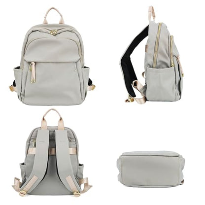 M-ioi-M Medium Backpack Purse for Women, Fashion Nylon Daypack with Gold Hardware, Lightweight Water-Resistant Rucksack for College, Work, Travel, Everyday Use, Fits 13–14" Laptop (Gray Beige, Medium) - color: Gray Beige,medium