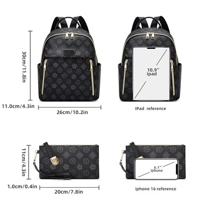 Makes Mini Backpack for Women, Stylish Daypack Purse Handbag Small Casual Daily Travel Bag, Lady Girls Gifts for Work School, 2pcs Sets - color: Black Flower