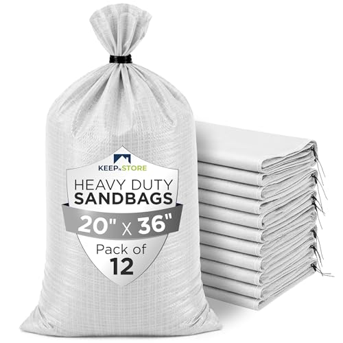 Heavy Duty Sand Bags Pack of 12, White Empty Sandbags with Built-In Ties, Woven Polypropylene UV Protection 1600 Hours, Fillable Bags for Flood Control, Weight, 20x36 inches, 100 Pounds Volume - size: 20"W x 36"L, style: Pack of 12