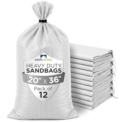 Heavy Duty Sand Bags Pack of 12, White Empty Sandbags with Built-In Ties, Woven Polypropylene UV Protection 1600 Hours, Fillable Bags for Flood Control, Weight, 20x36 inches, 100 Pounds Volume - size: 20"W x 36"L, style: Pack of 12