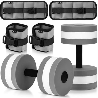 Hollowfly Water Aerobics Set, 4 Piece Pool Exercise Kit (2 Aquatic Dumbbells + 2 Ankle/wrist Weights), EVA Foam, Low-impact Workout - color: Grey, size: 1lb