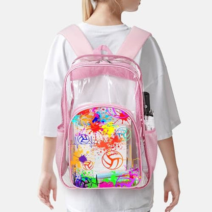 Volleyball Clear Backpack Heavy Duty for Girls Kids Boys Women | Large Cool PVC Volleyball Theme Printing Transparent Backpacks for Schools Stadium Concerts Work - Clear/Pink - color: Volleyball Clear Backpack 1 Pink With Front Pocket