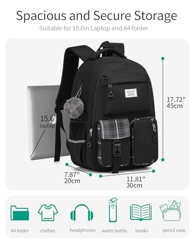 School Backpack for Teen Girls, Big Student Laptop Backpack Aesthetic Bookbags for College Women Elementary Middle High School Travel Mochilas Escolares, Black