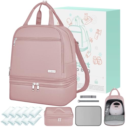 Breast Pump Bag with Insulated Cooler, Double-Layer Pumping Bag for Work & Travel, Fits Most Electric Breast Pumps, Includes 10 Ice Packs & Waterproof Mat, Detachable Bottle Cooler Tote, Pink - color: Pink