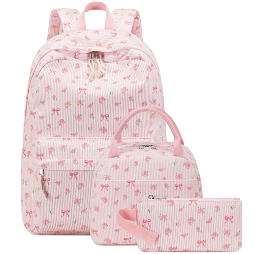 BTOOP School Backpacks for Teen Girls Bookbags Lightweight Kids Backpack School Bags Set with Lunch Box Pencil Case - color: A-pink Bow-pink Flower