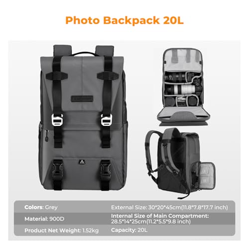K&F CONCEPT Camera Backpack, Camera Bags for Photographers Large Capacity Camera Case with Raincover,15-15.6 Inch Laptop Compartment Compatible for Canon/Nikon/Sony/DJI Mavic Drone - color: Grey