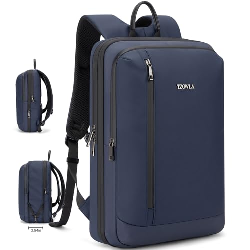 Tzowla Business Commute Laptop Backpack Fit 17.3 Inch Laptop,Slim & Expandable Waterproof Work Backpacks with Luggage Strap,Travel Lightweight Bag Gift for Men Women(Blue) - color: Blue