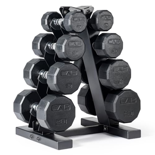 CAP Rubber Coated Hex Dumbbell Set with Storage Rack | 100–210 lb Options, Space-Saving Vertical Compact Storage for Home Gym Strength Training - size: 100 lb - Set, style: 12-Sided Chrome Handle