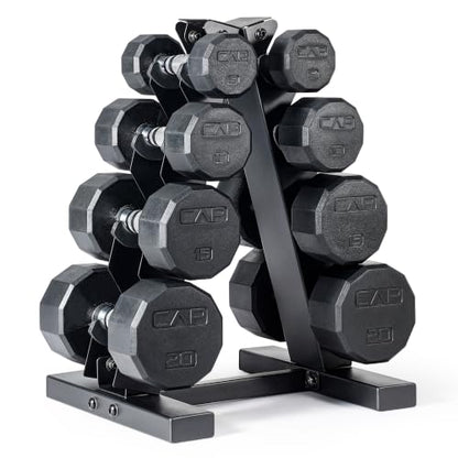 CAP Rubber Coated Hex Dumbbell Set with Storage Rack | 100–210 lb Options, Space-Saving Vertical Compact Storage for Home Gym Strength Training - size: 100 lb - Set, style: 12-Sided Chrome Handle