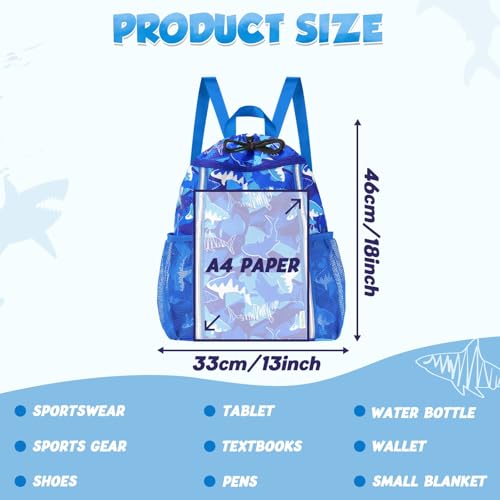 WAWSAM Kids Gym Drawstring Backpack String Bag, Shark Sports Gym Bag for Kids Boys Waterproof Swimming Beach String Cinch Backpack with Two Water Bottle Pocket - color: Shark