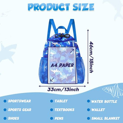 WAWSAM Kids Gym Drawstring Backpack String Bag, Shark Sports Gym Bag for Kids Boys Waterproof Swimming Beach String Cinch Backpack with Two Water Bottle Pocket - color: Shark