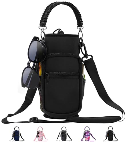 AceTreker 32/40/64/87/128 oz Water Bottle Carrier Bag, Neoprene Water Bottle Sleeve with 4 Pocket, Sport Water Holder with Paracord Handle and Shoulder Strap for Walking Hiking Camping Gym - color: 01.Black, style: 16-40 Oz