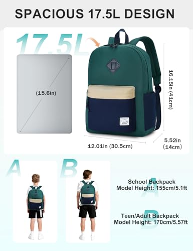 VASCHY Lightweight Backpack for School, Water Resistant Classic Bookbag with Side Pockets for Boys,Kids,Teens Green Blue - color: Forest Green & Deep Blue