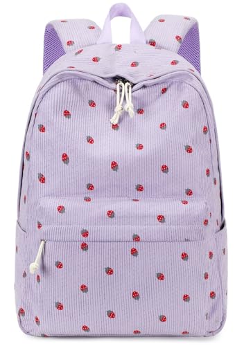 Bluboon School Backpack for Teen Girls Bookbags Elementary High School Corduroy Laptop Bags Women Travel Daypacks - color: Corduroy Purple Strawberry