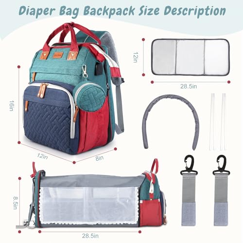 JOYCE Diaper Bag Backpack with Changing Pad, Water-Resistant, Blue-Green | Portable changinag pad, insulated bottle pockets, stroller straps, pacifier case, Multi-Compartment storage - color: Blue-green