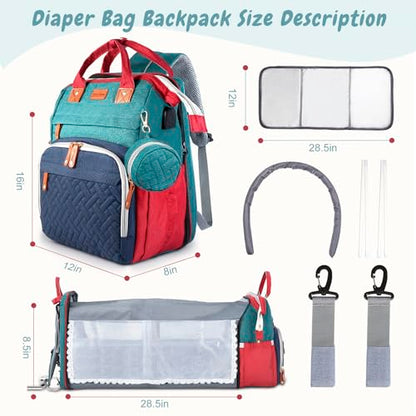 JOYCE Diaper Bag Backpack with Changing Pad, Water-Resistant, Blue-Green | Portable changinag pad, insulated bottle pockets, stroller straps, pacifier case, Multi-Compartment storage - color: Blue-green