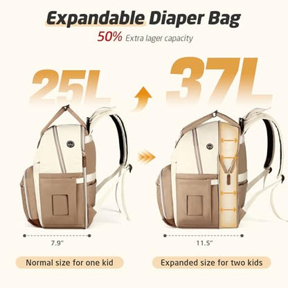 Diaper Bag Backpack - Extra Large Diaper Bag for 2 Kids Twin, Travel Baby Bags for Mom Dad 25-37L Expandable with Changing Pad Earphone Hole, Apricot Beige - color: Beige & Apricot