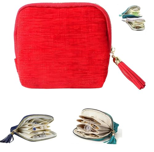 Travel Jewelry Case, Small High-End Large-Capacity Tassel Storage Bag Gifts for Women, Pouch Bags with Zipper, Velvet Jewelry Organizer Storage Bag for Bracelet Rings Earring (Red) - color: Red