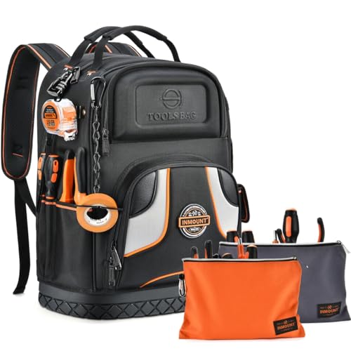 Tool Bag Backpack, HVAC Heavy Duty Construction Tools Backpack for Men, Large Interior Durable Electricians Work Tool Back pack Organizer with Molded Base & Combination Lock for Plumbers & Home Repair - color: Black + 2pcs bag