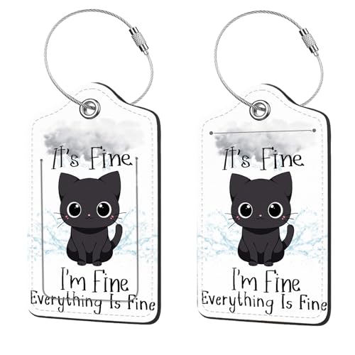 2 Pcs Luggage Tags for Suitcase, Cute Unique PU Leather Travel Bag Tag with Privacy Cover ID Label Address Card and Durable Metal Ring Suitable for Men Women Children Backpack,Cat Under A Dark Cloud - color: Cat Under a Dark Cloud