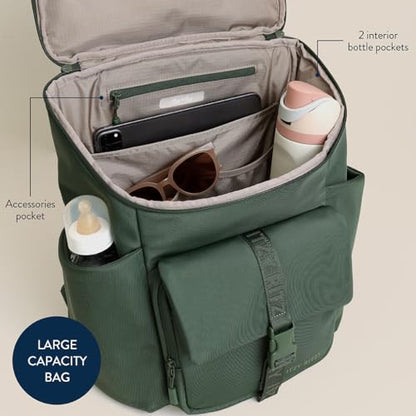 Itzy Ritzy Belong Bucket Backpack – Lightweight Diaper Bag Backpack Featuring 16 Pockets, Bucket Top Opening, Stroller Straps & Changing Pad – Organized and Stylish Everyday Family Backpack (Green) - color: Hunter Green