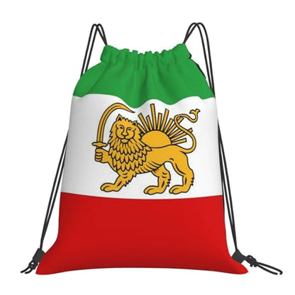 Emblem Of Iran Lion And Sun Flag Of Iran Striped Drawstring Bag Sport Gym Backpack Beach Travel Sack Draw String Yoga Bag For Men Women - color: Emblem of Iran Lion and Sun Flag of Iran Striped