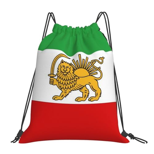 Emblem Of Iran Lion And Sun Flag Of Iran Striped Drawstring Bag Sport Gym Backpack Beach Travel Sack Draw String Yoga Bag For Men Women - color: Emblem of Iran Lion and Sun Flag of Iran Striped