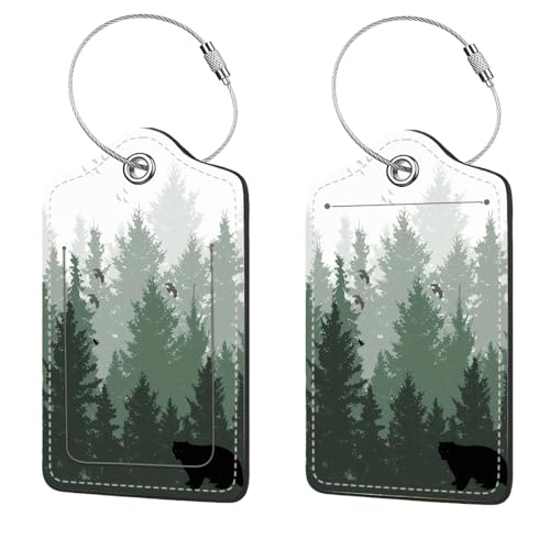 2 Pcs Luggage Tags for Suitcase, Cute Unique PU Leather Travel Bag Tag with Privacy Cover ID Label Address Card and Durable Metal Ring Suitable for Men Women Children Backpack,Forest - color: Forest