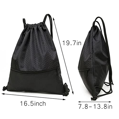 Drawstring Backpack Bag, Waterproof Draw String Back Sack with Zip Pocket, Gym Drawstring Bags Swim Bag for Men Women - color: Black, Upgraded