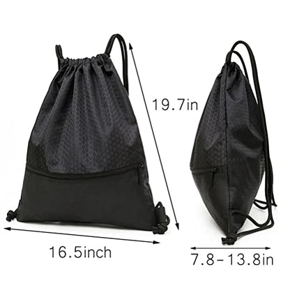Drawstring Backpack Bag, Waterproof Draw String Back Sack with Zip Pocket, Gym Drawstring Bags Swim Bag for Men Women - color: Black, Upgraded