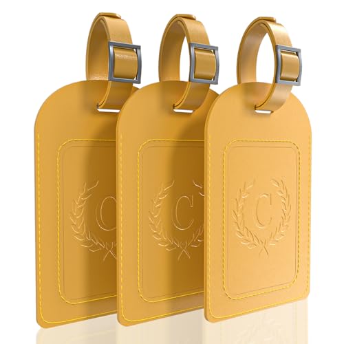 Alphabet Luggage Tags, 3 Pack Yellow Initial Bag Tags with Privacy Cover & Replaceable ID Card, Faux Leather Suitcase Tags for Travel, Flights & Cruises - style: Letter C