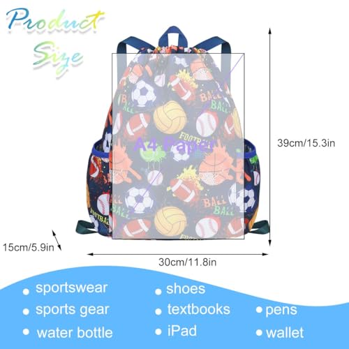 RHCPFOVR Drawstring Backpack for Kids - Football Bags for Girls Mini Gym Dance Beach Swim Travel Bag With Two Water Bottle Holder - color: Football