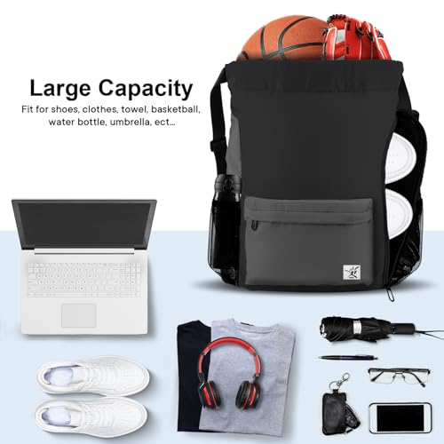 Drawstring Backpack with Mesh Pockets String Gym Bag Sackpack Sandproof Water Resistant Beach Backpack for Men Women - color: Black Gray