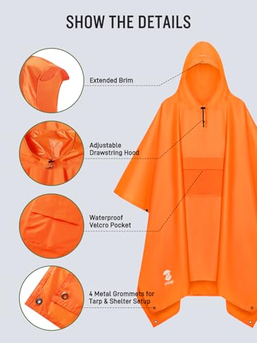 SaphiRose Extra Thick Hooded Rain Poncho Double Layer Waterproof Raincoat Jacket for Men Women Adults - color: Orange