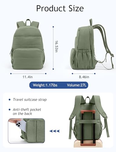 Uselike Travel Backpack for Women, 15.6 Inch Laptop Backpack, Quilted College Bookbag, Cute Work Backpacks, Water Resistant - color: Sage Green