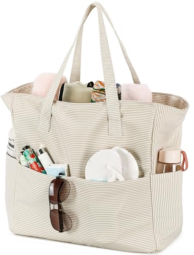 LEDAOU Beach Bag Waterproof Sandproof Women Beach Tote Pool Bag with Zipper for Swim Gym Grocery Travel with Wet Pocket | Sandproof - color: Light Khaki White Stripes