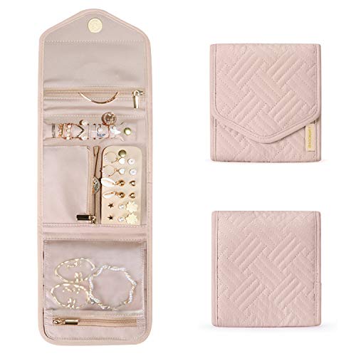 BAGSMART Travel Jewelry Organizer Case Foldable Small Jewelry Roll for Journey Rings, Necklaces, Earrings, Bracelets,Mini,Soft Pink - color: Soft Pink, size: Small