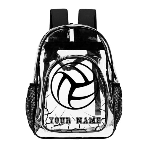 Custom Volleyball Clear Backpack Heavy Duty for Girls Kids Boys | Large Cool PVC Volleyball Theme Printing Transparent Backpacks for Schools Stadium Concerts Work - Clear/Black - color: Volleyball Clear Backpack 3 Black With Front Pocket Custom
